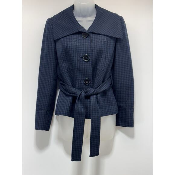Tahari Levine Isabella Demarco Black Navy Houndstooth Tie Waist Blazer Jacket 6 - Picture 1 of 6